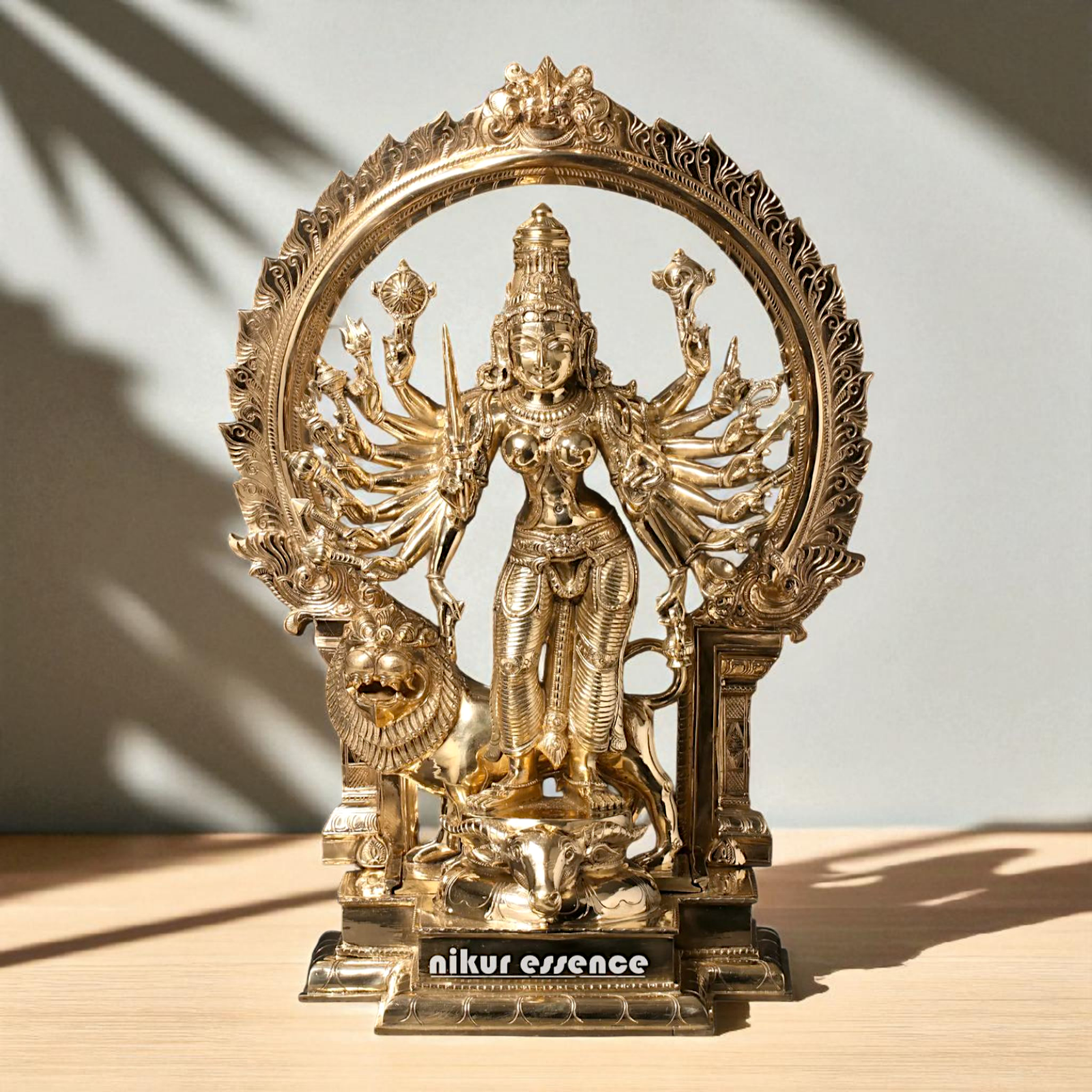 Goddess Durga Maa with Lion Standing Eighteen Armed Bronze Panchaloha idol - 23 Inches Nikuressence