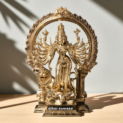Goddess Durga Maa with Lion Standing Eighteen Armed Bronze Panchaloha idol - 23 Inches Nikuressence