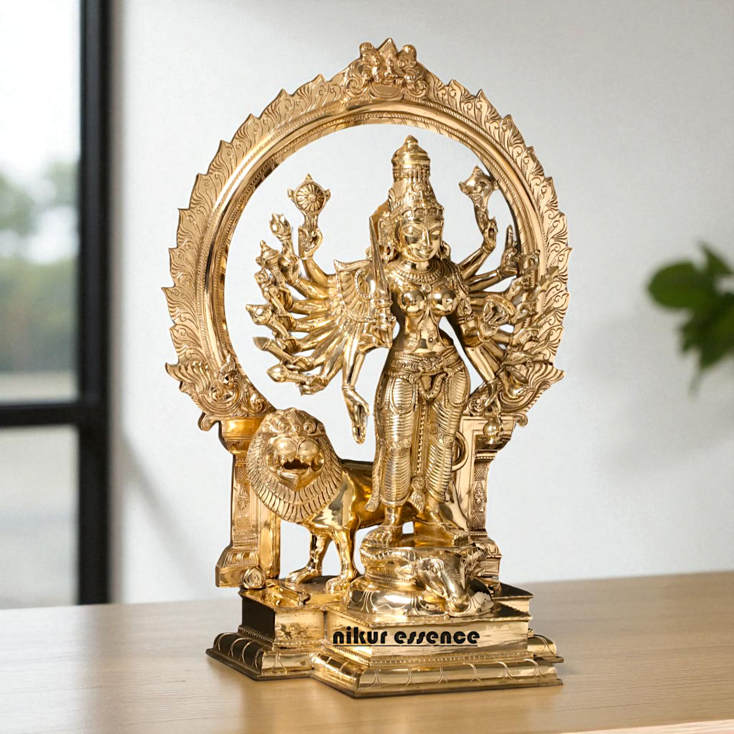 Goddess Durga Maa with Lion Standing Eighteen Armed Bronze Panchaloha idol - 23 Inches Nikuressence