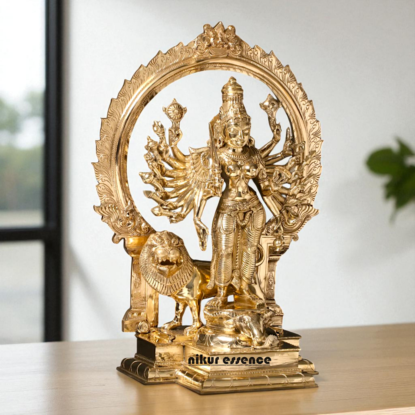 Goddess Durga Maa with Lion Standing Eighteen Armed Bronze Panchaloha idol - 23 Inches Nikuressence