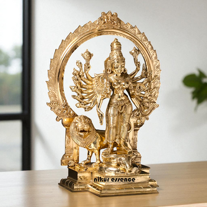 Goddess Durga Maa with Lion Standing Eighteen Armed Bronze Panchaloha idol - 23 Inches Nikuressence