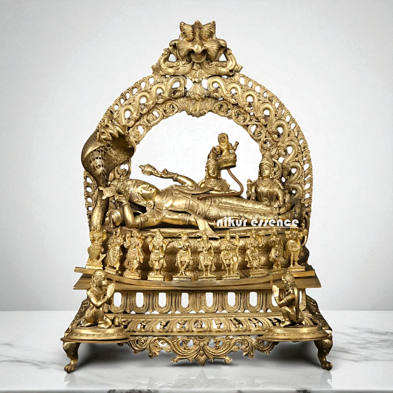 Big Vishnu Bhagwan Resting on sheshnag with Dashavatar and Lakshmi Bronze/Panchaloha idol - 27 Inches Nikuressence