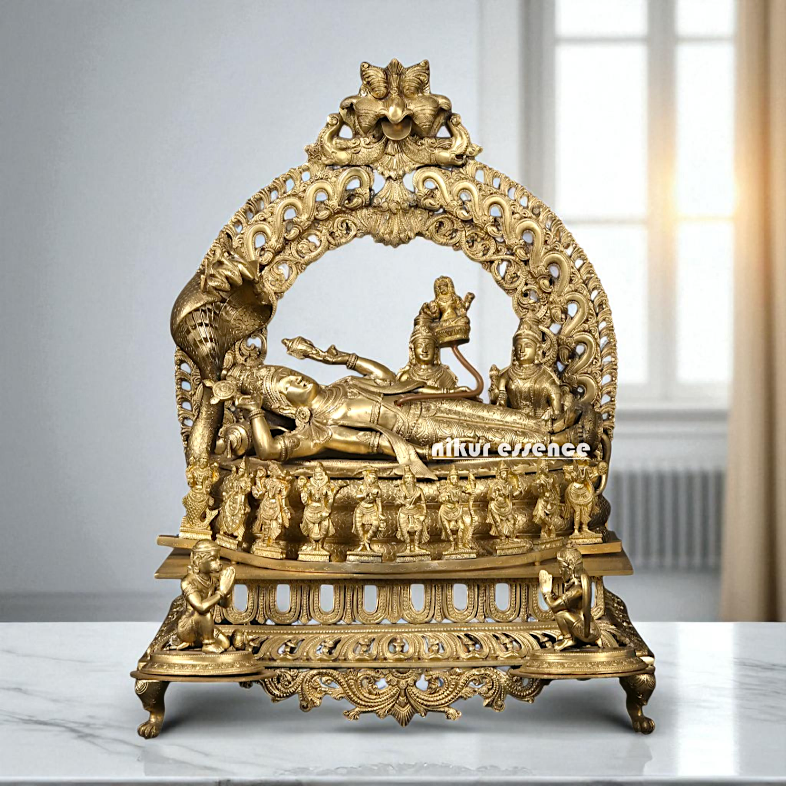 Big Vishnu Bhagwan Resting on sheshnag with Dashavatar and Lakshmi Bronze/Panchaloha idol - 27 Inches Nikuressence