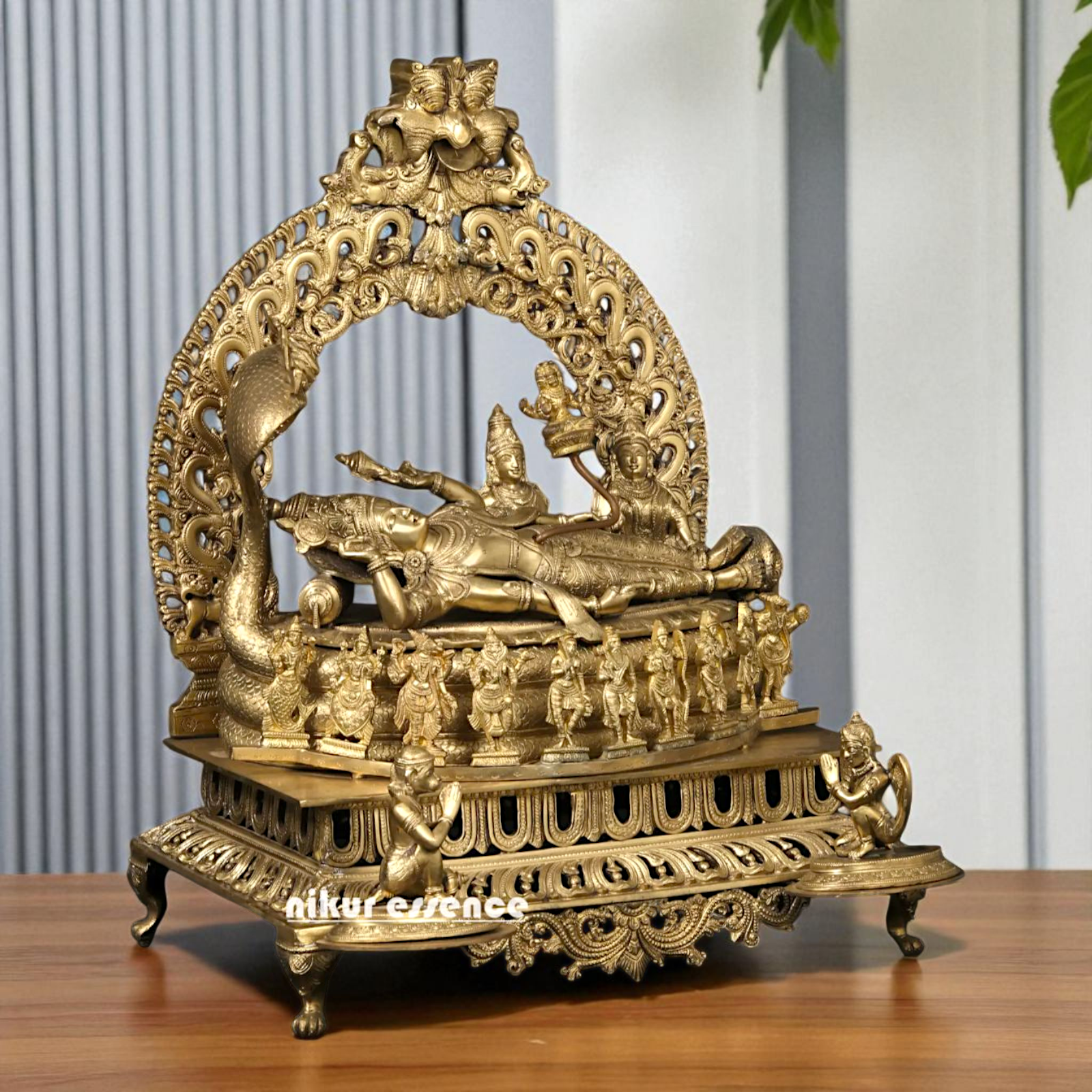 Big Vishnu Bhagwan Resting on sheshnag with Dashavatar and Lakshmi Bronze/Panchaloha idol - 27 Inches Nikuressence