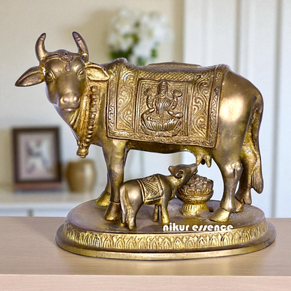Kamadhenu cow with Lakshmi and Calf Bronze Panchaloha idol - 5 Inches Nikuressence