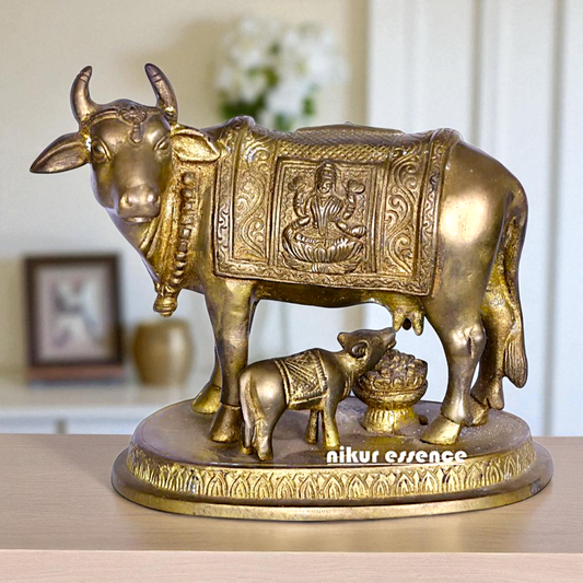Kamadhenu cow with Lakshmi and Calf Bronze Panchaloha idol - 5 Inches Nikuressence