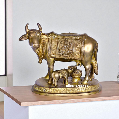 Kamadhenu cow with Lakshmi and Calf Bronze Panchaloha idol - 5 Inches Nikuressence