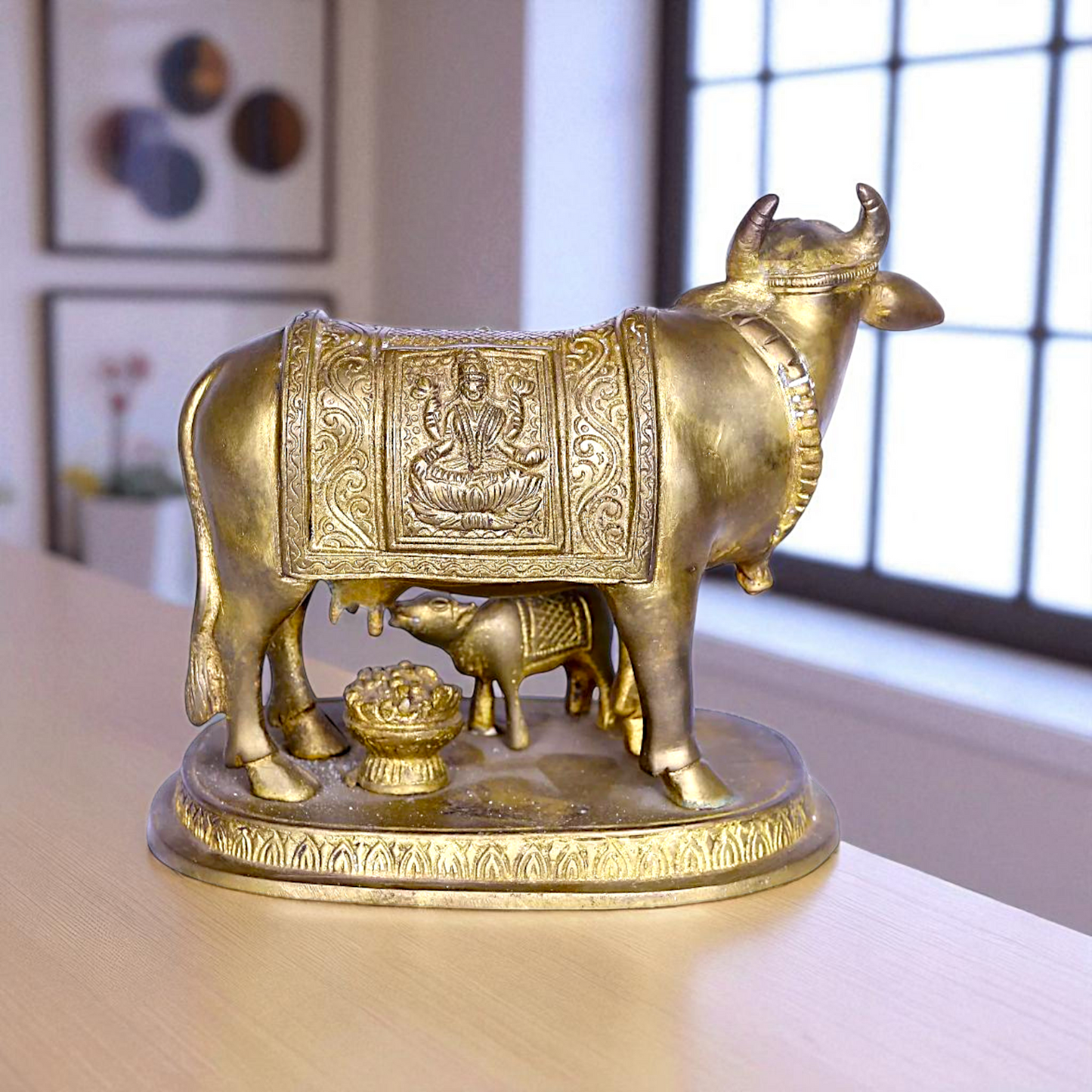 Kamadhenu cow with Lakshmi and Calf Bronze Panchaloha idol - 5 Inches Nikuressence