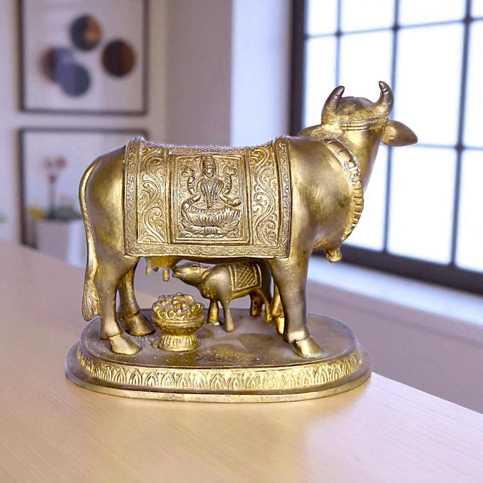 Kamadhenu cow with Lakshmi and Calf Bronze Panchaloha idol - 5 Inches Nikuressence