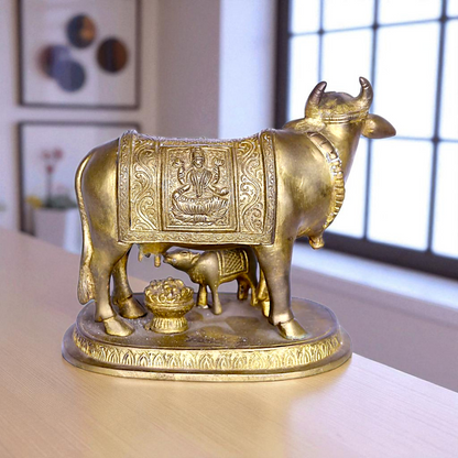 Kamadhenu cow with Lakshmi and Calf Bronze Panchaloha idol - 5 Inches Nikuressence