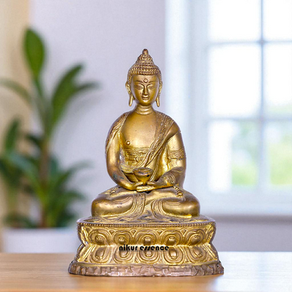 Lord Buddha seated with dhayan mudra Bronze Panchaloha idol - 8 Inches Nikuressence