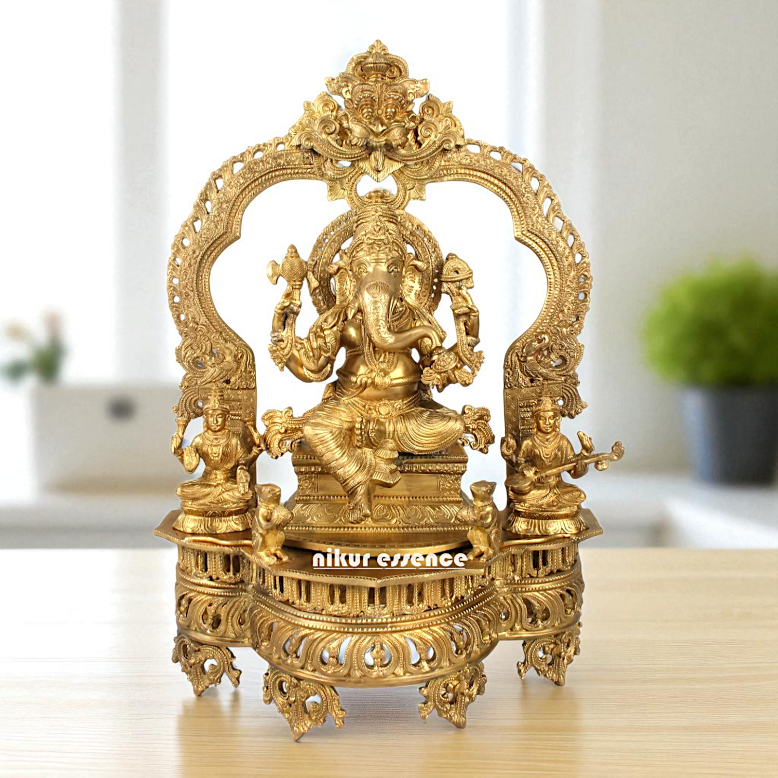 Lord Ganpati Bappa morya Ganesha with Lakshmi Maa and Saraswati Maa Seated Bronze Panchaloha idol - 23 Inches Nikuressence