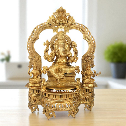 Lord Ganpati Bappa morya Ganesha with Lakshmi Maa and Saraswati Maa Seated Bronze Panchaloha idol - 23 Inches Nikuressence