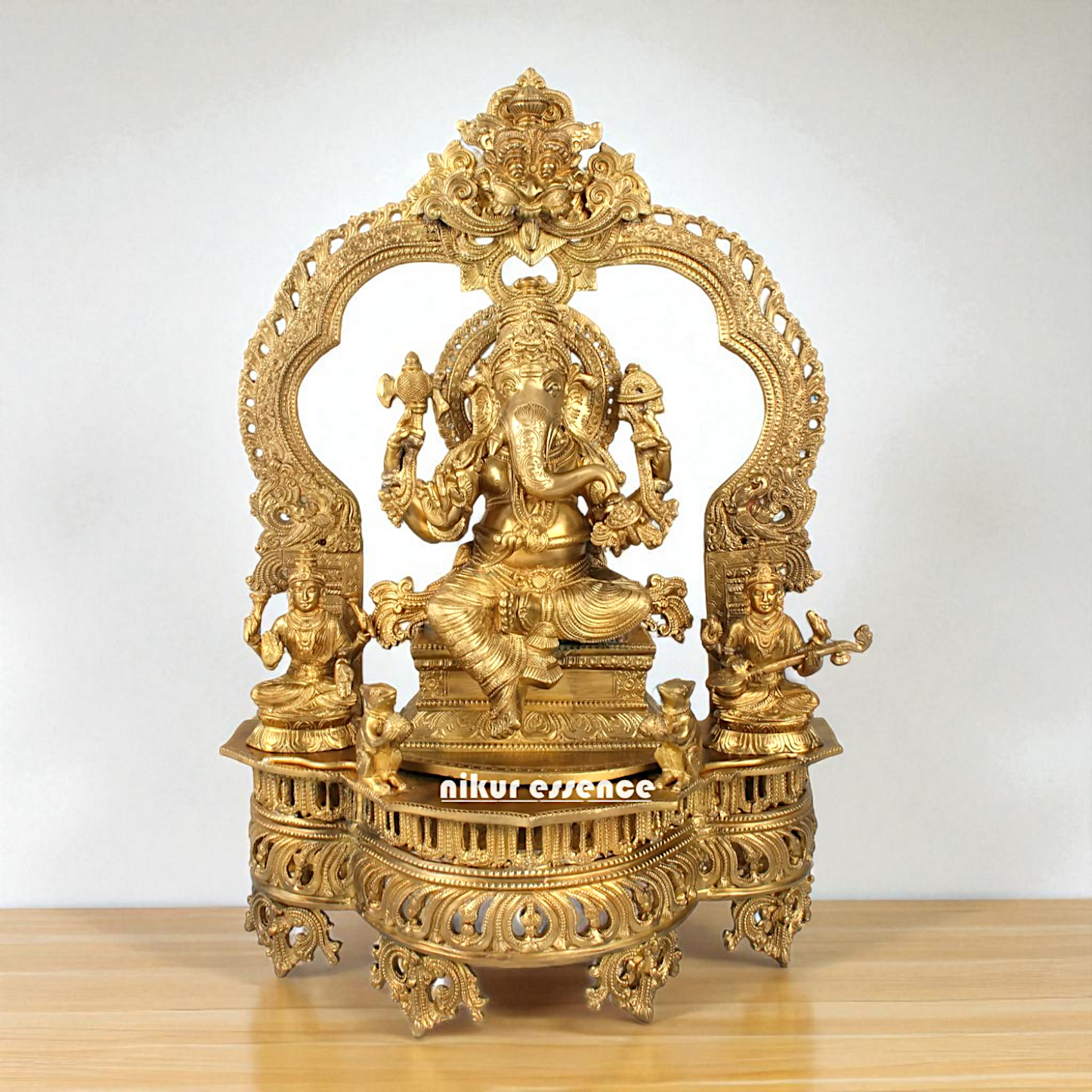 Lord Ganpati Bappa morya Ganesha with Lakshmi Maa and Saraswati Maa Seated Bronze Panchaloha idol - 23 Inches Nikuressence