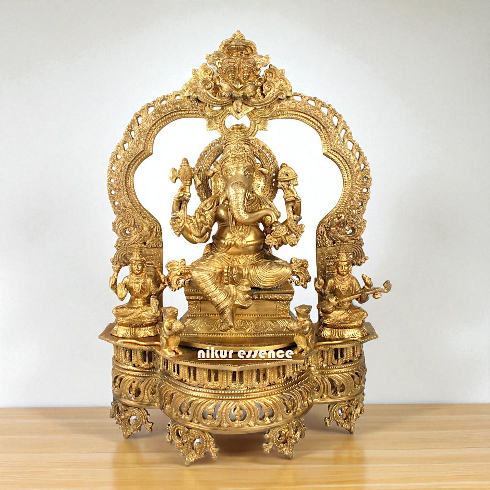 Lord Ganpati Bappa morya Ganesha with Lakshmi Maa and Saraswati Maa Seated Bronze Panchaloha idol - 23 Inches Nikuressence