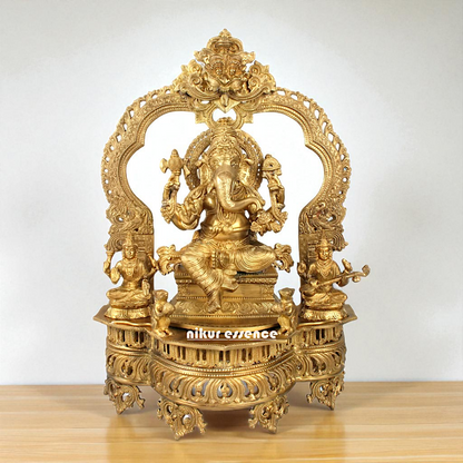 Lord Ganpati Bappa morya Ganesha with Lakshmi Maa and Saraswati Maa Seated Bronze Panchaloha idol - 23 Inches Nikuressence