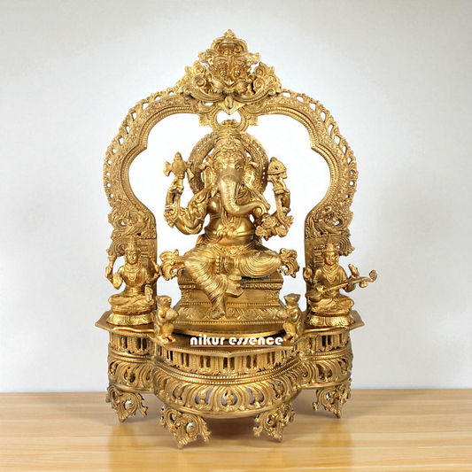 Lord Ganpati Bappa morya Ganesha with Lakshmi Maa and Saraswati Maa Seated Bronze Panchaloha idol - 23 Inches Nikuressence