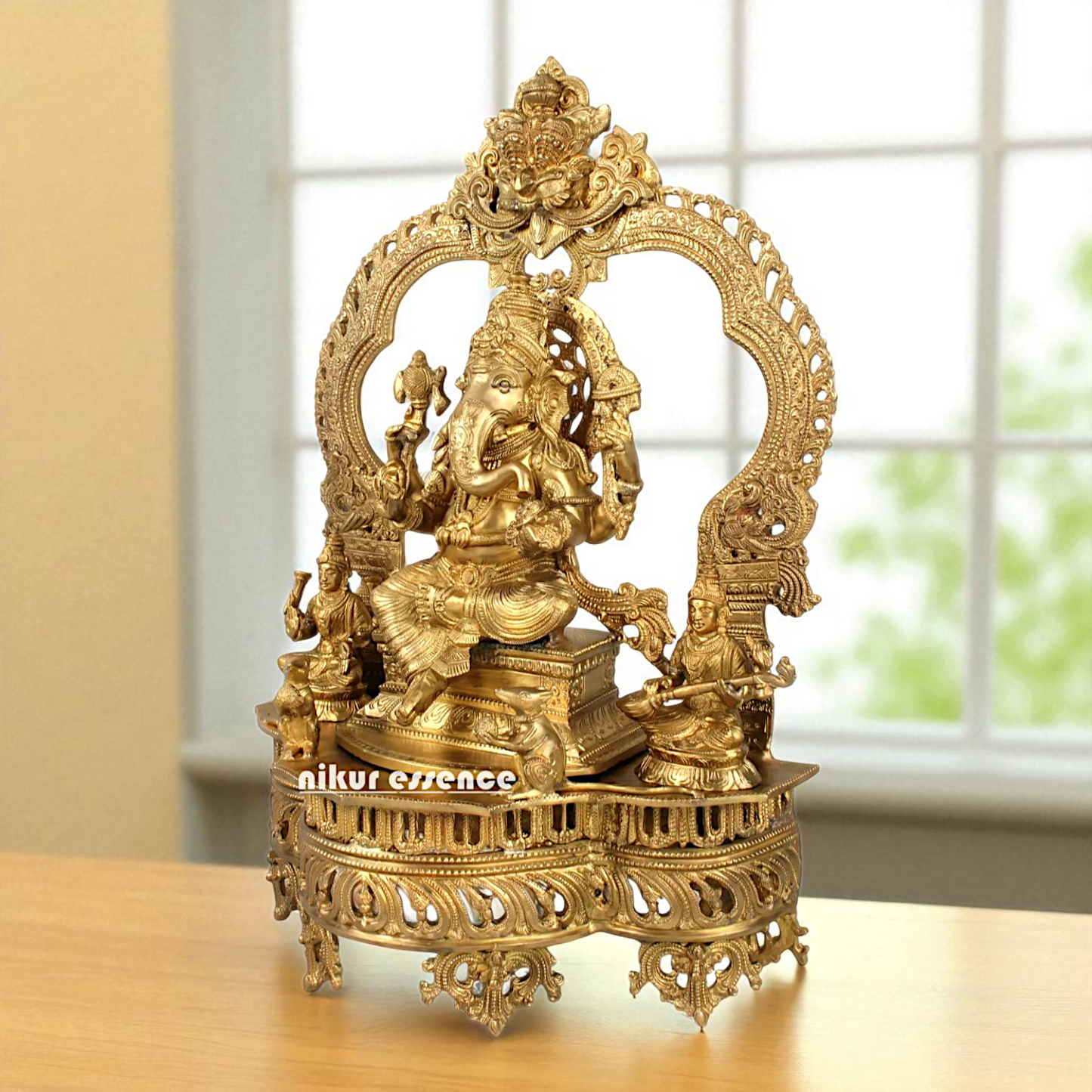 Lord Ganpati Bappa morya Ganesha with Lakshmi Maa and Saraswati Maa Seated Bronze Panchaloha idol - 23 Inches Nikuressence