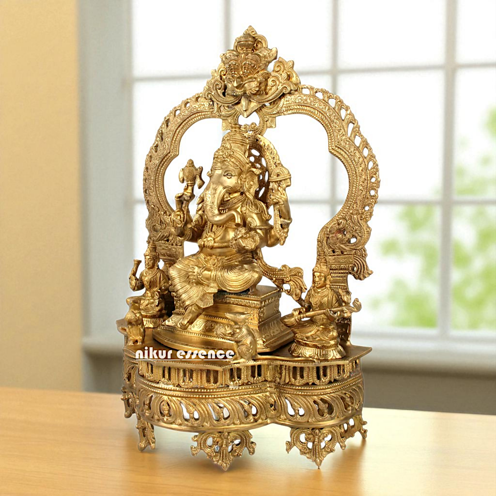 Lord Ganpati Bappa morya Ganesha with Lakshmi Maa and Saraswati Maa Seated Bronze Panchaloha idol - 23 Inches Nikuressence
