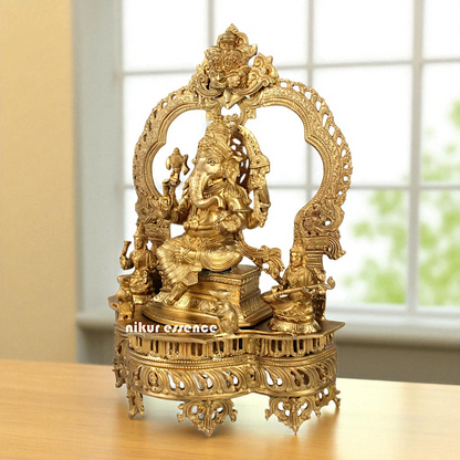 Lord Ganpati Bappa morya Ganesha with Lakshmi Maa and Saraswati Maa Seated Bronze Panchaloha idol - 23 Inches Nikuressence
