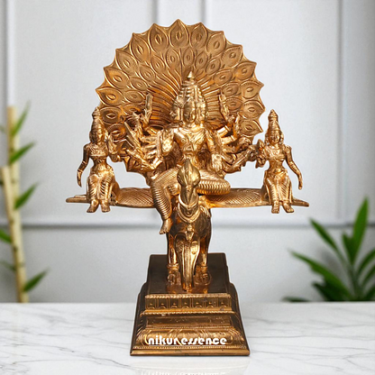 Kartikeya Murugan with Valli and devasena seated on peacock Bronze Panchaloha idol - 9 Inches Nikuressence