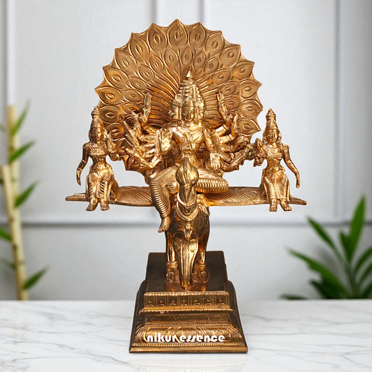 Kartikeya Murugan with Valli and devasena seated on peacock Bronze Panchaloha idol - 9 Inches Nikuressence