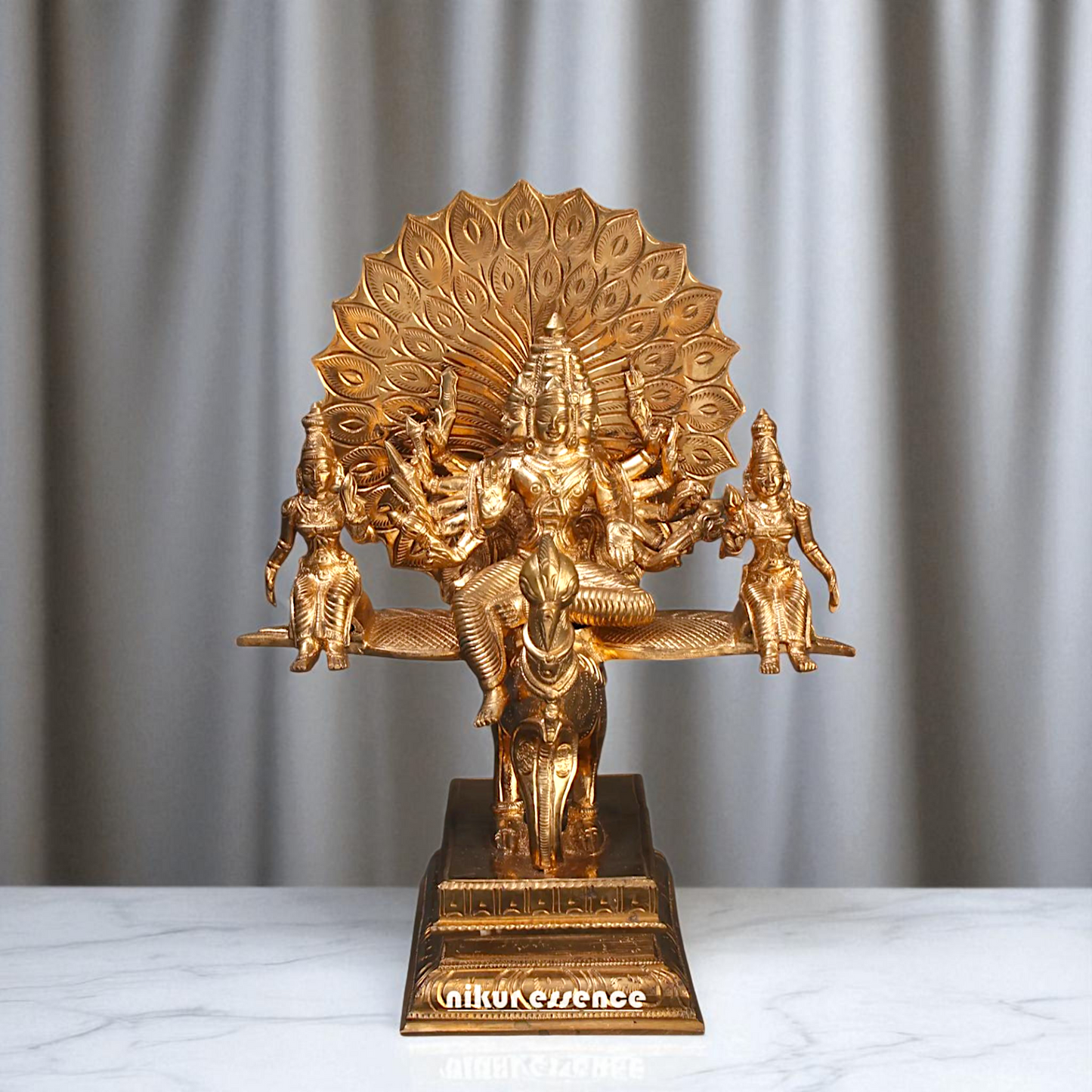 Kartikeya Murugan with Valli and devasena seated on peacock Bronze Panchaloha idol - 9 Inches Nikuressence