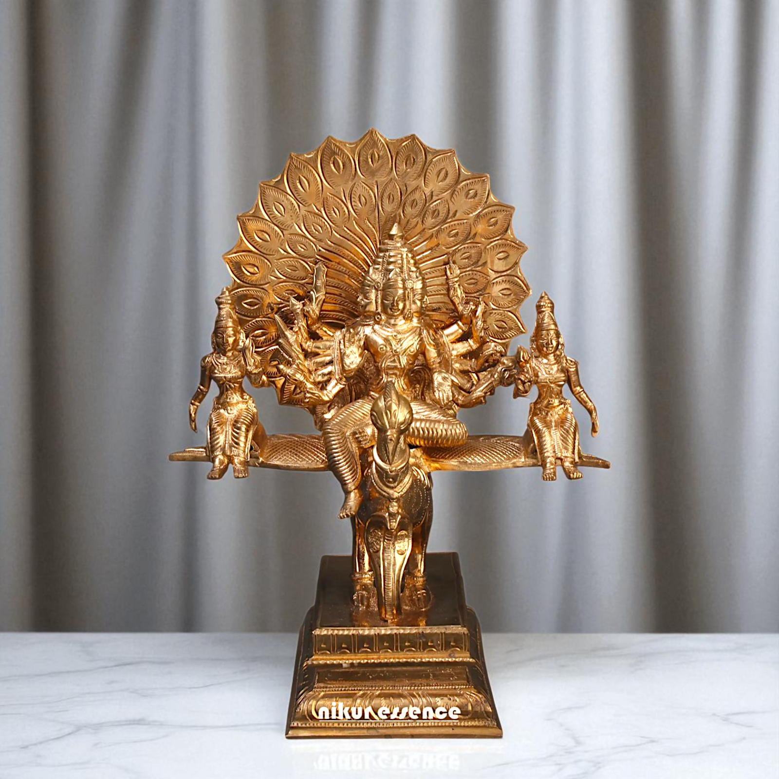 Kartikeya Murugan with Valli and devasena seated on peacock Bronze Panchaloha idol - 9 Inches Nikuressence