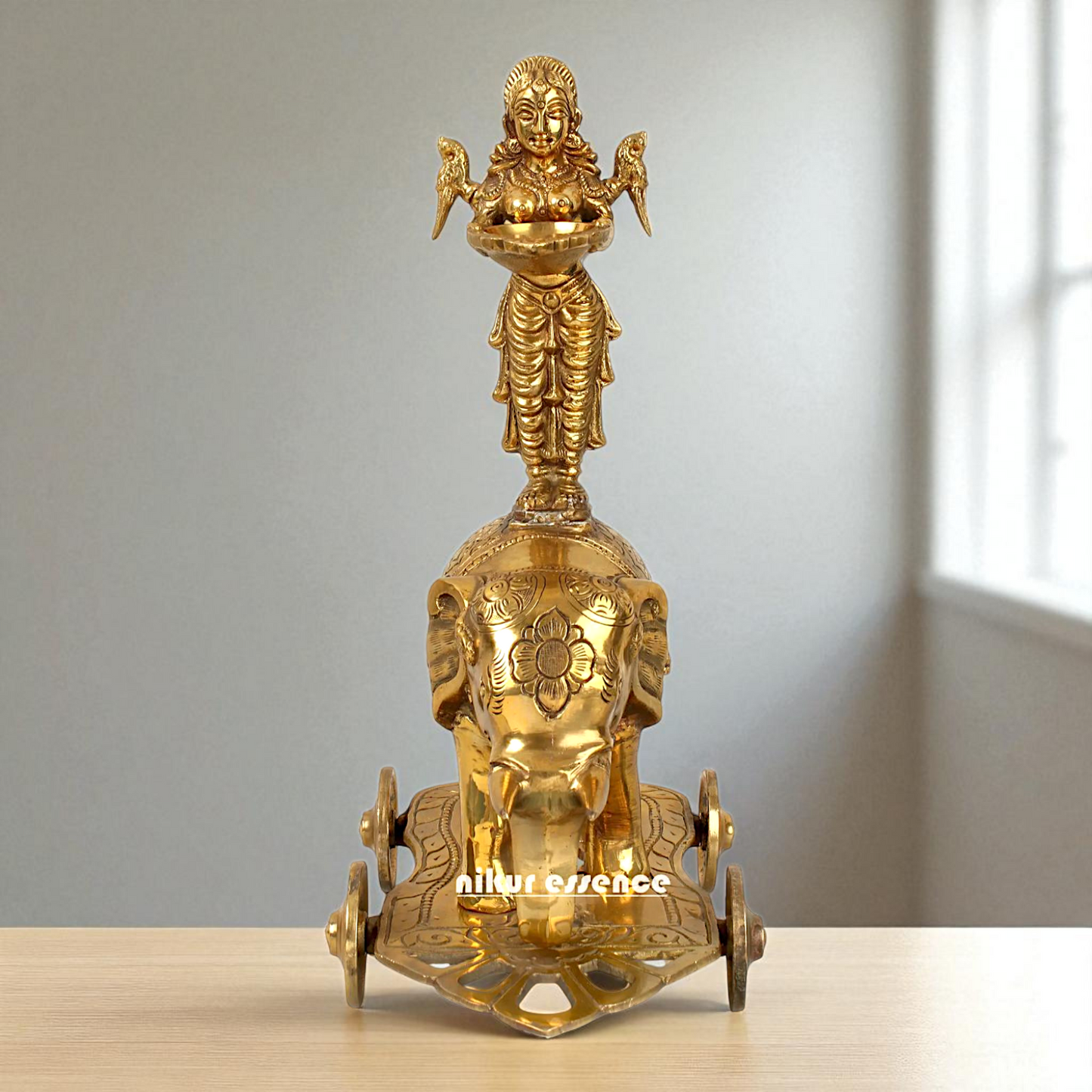 Goddess Deepa Lakshmi Standing on Elephant with wheels Bronze Panchaloha idol - 13 inches Nikuressence