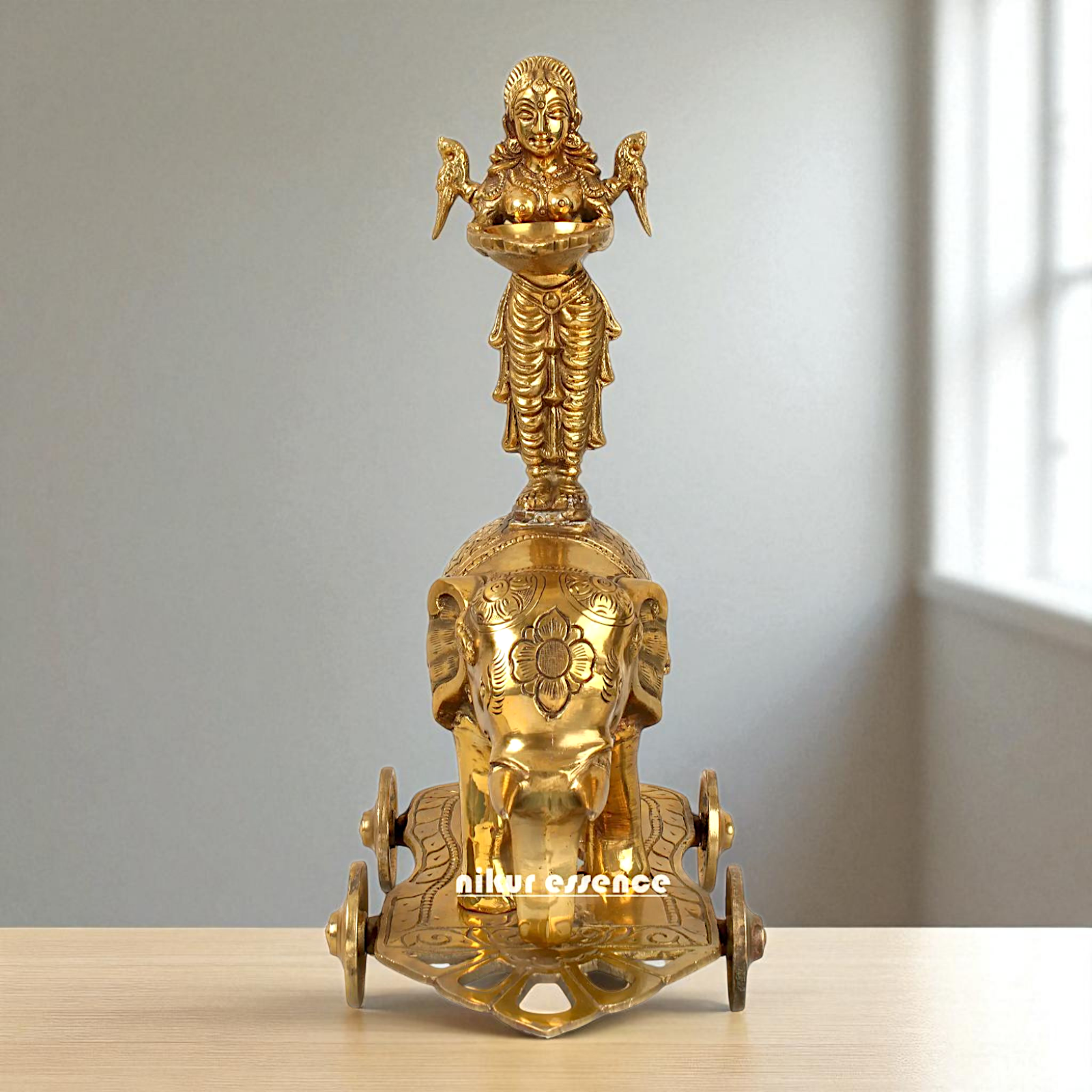 Goddess Deepa Lakshmi Standing on Elephant with wheels Bronze Panchaloha idol - 13 inches Nikuressence