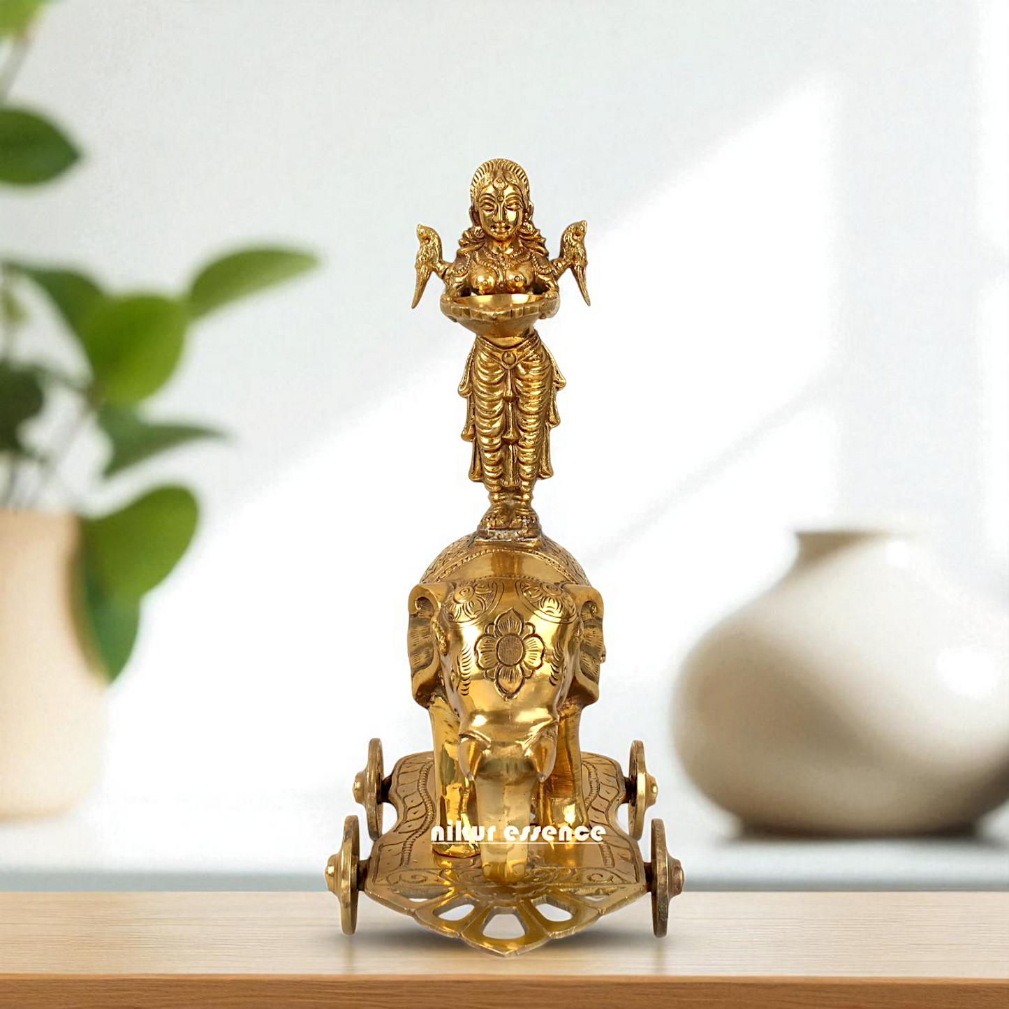 Goddess Deepa Lakshmi Standing on Elephant with wheels Bronze Panchaloha idol - 13 inches Nikuressence