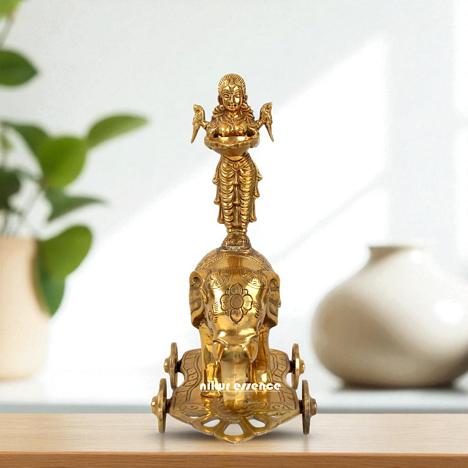 Goddess Deepa Lakshmi Standing on Elephant with wheels Bronze Panchaloha idol - 13 inches Nikuressence