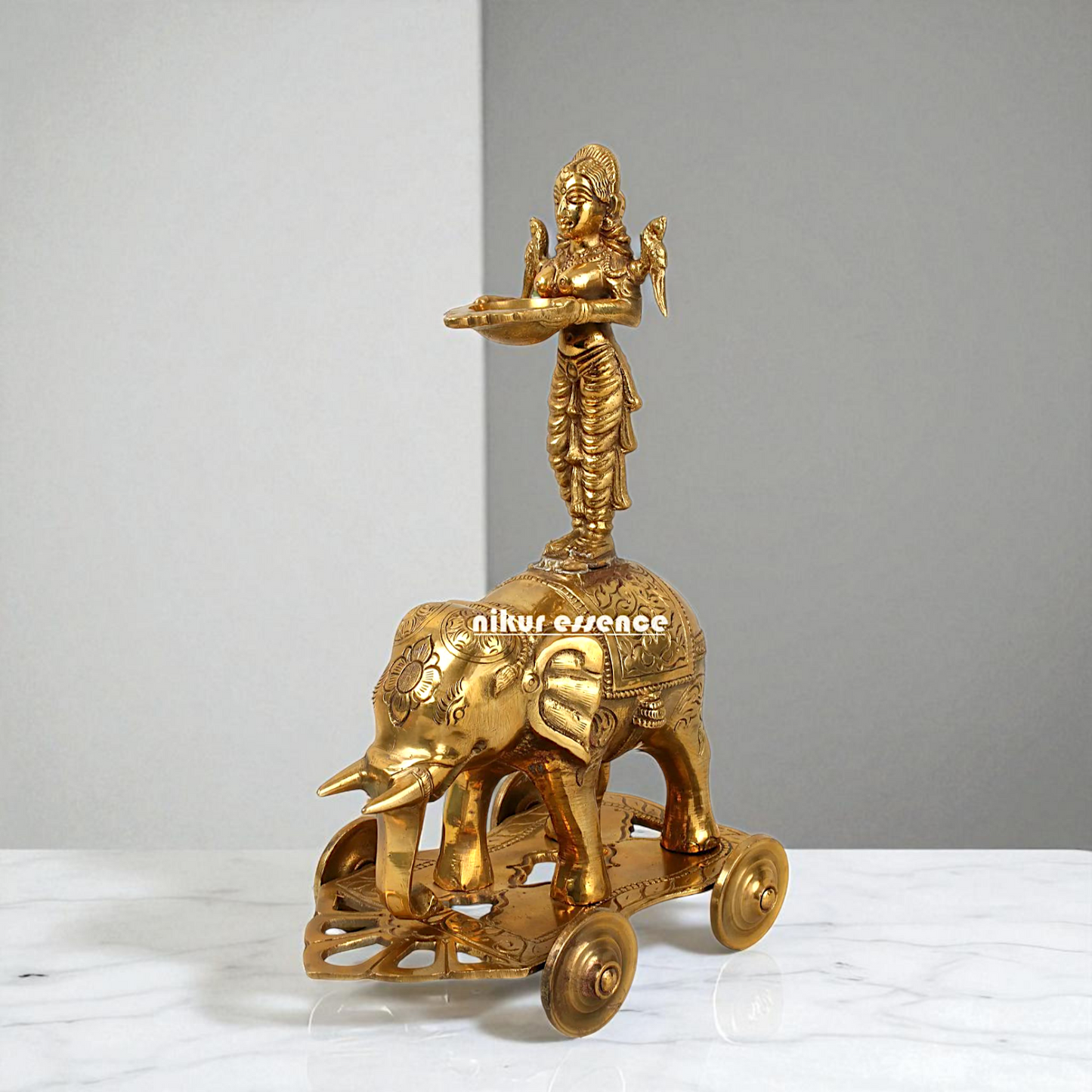Goddess Deepa Lakshmi Standing on Elephant with wheels Bronze Panchaloha idol - 13 inches Nikuressence