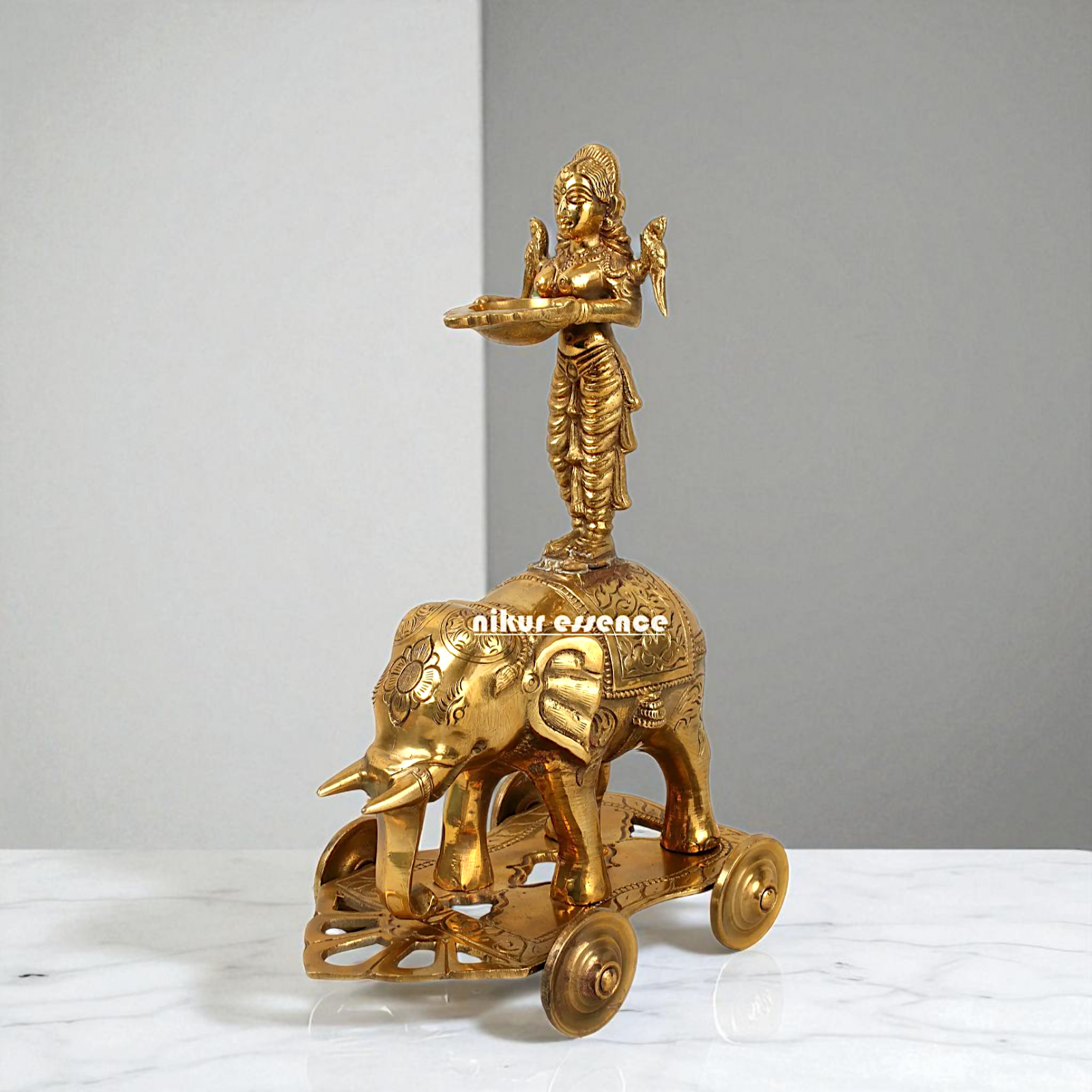 Goddess Deepa Lakshmi Standing on Elephant with wheels Bronze Panchaloha idol - 13 inches Nikuressence