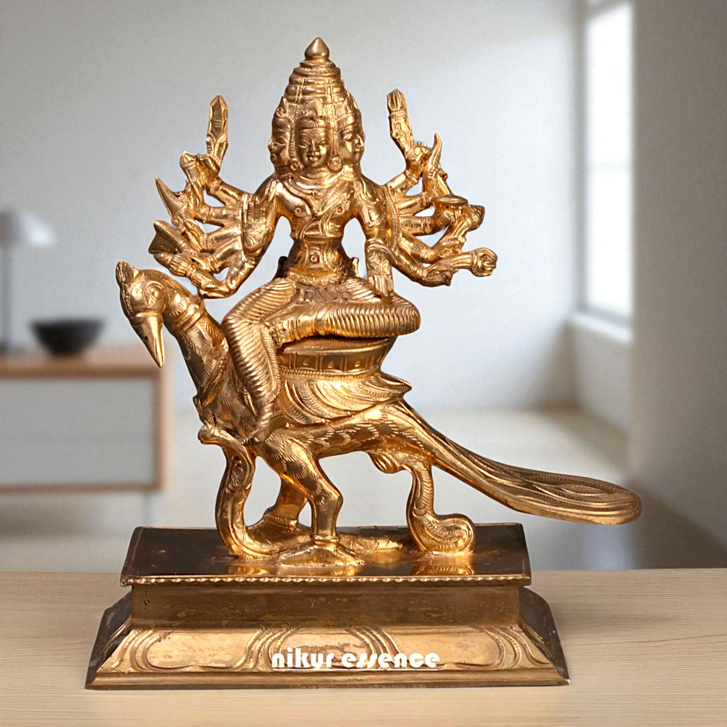 Lord Kartikeya Bhagwan seated on peacock with Blessing Bronze Panchaloha idol - 7 Inches Nikuressence