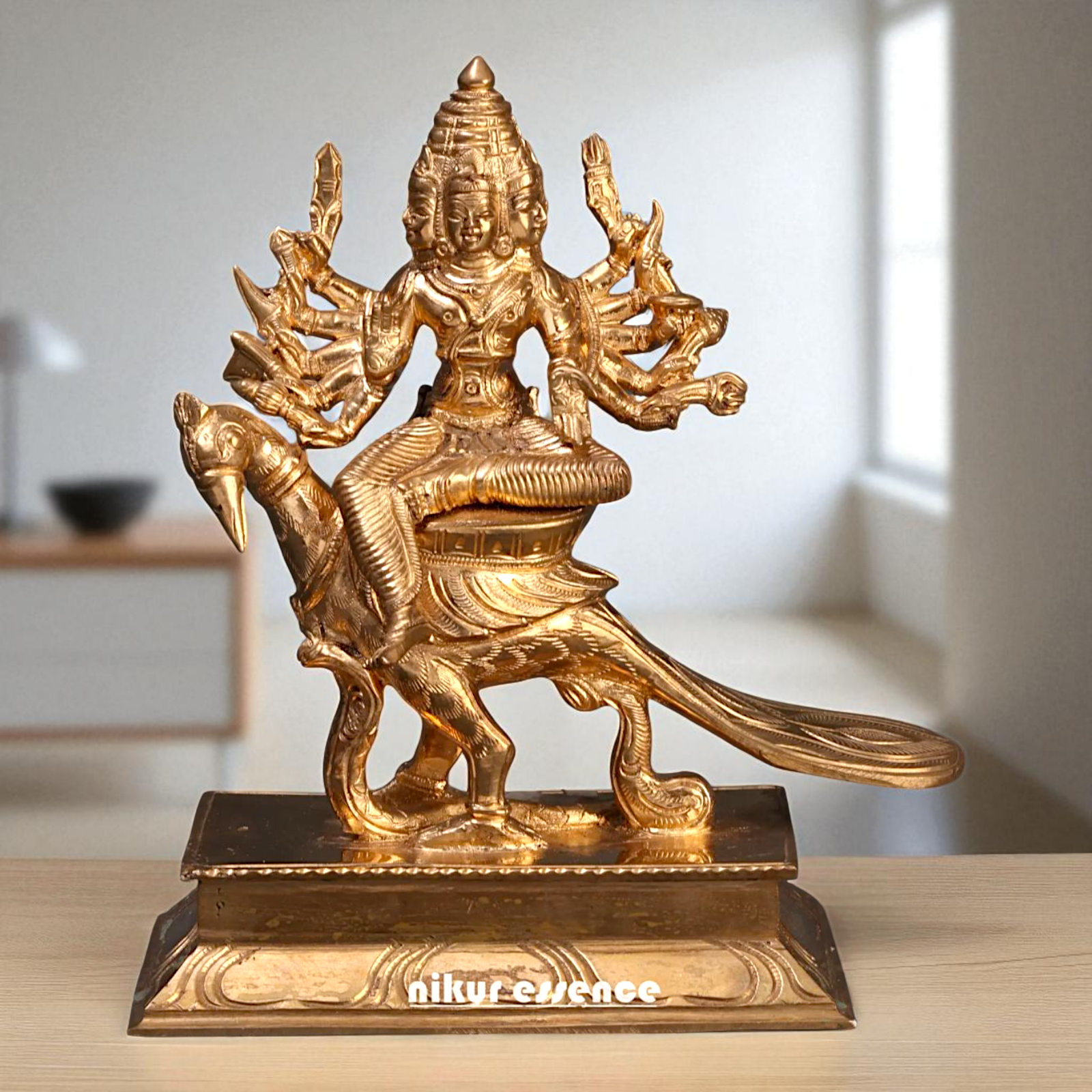 Lord Kartikeya Bhagwan seated on peacock with Blessing Bronze Panchaloha idol - 7 Inches Nikuressence