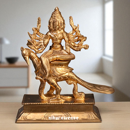 Lord Kartikeya Bhagwan seated on peacock with Blessing Bronze Panchaloha idol - 7 Inches Nikuressence