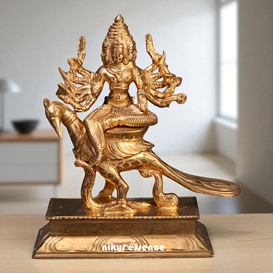 Lord Kartikeya Bhagwan seated on peacock with Blessing Bronze Panchaloha idol - 7 Inches Nikuressence