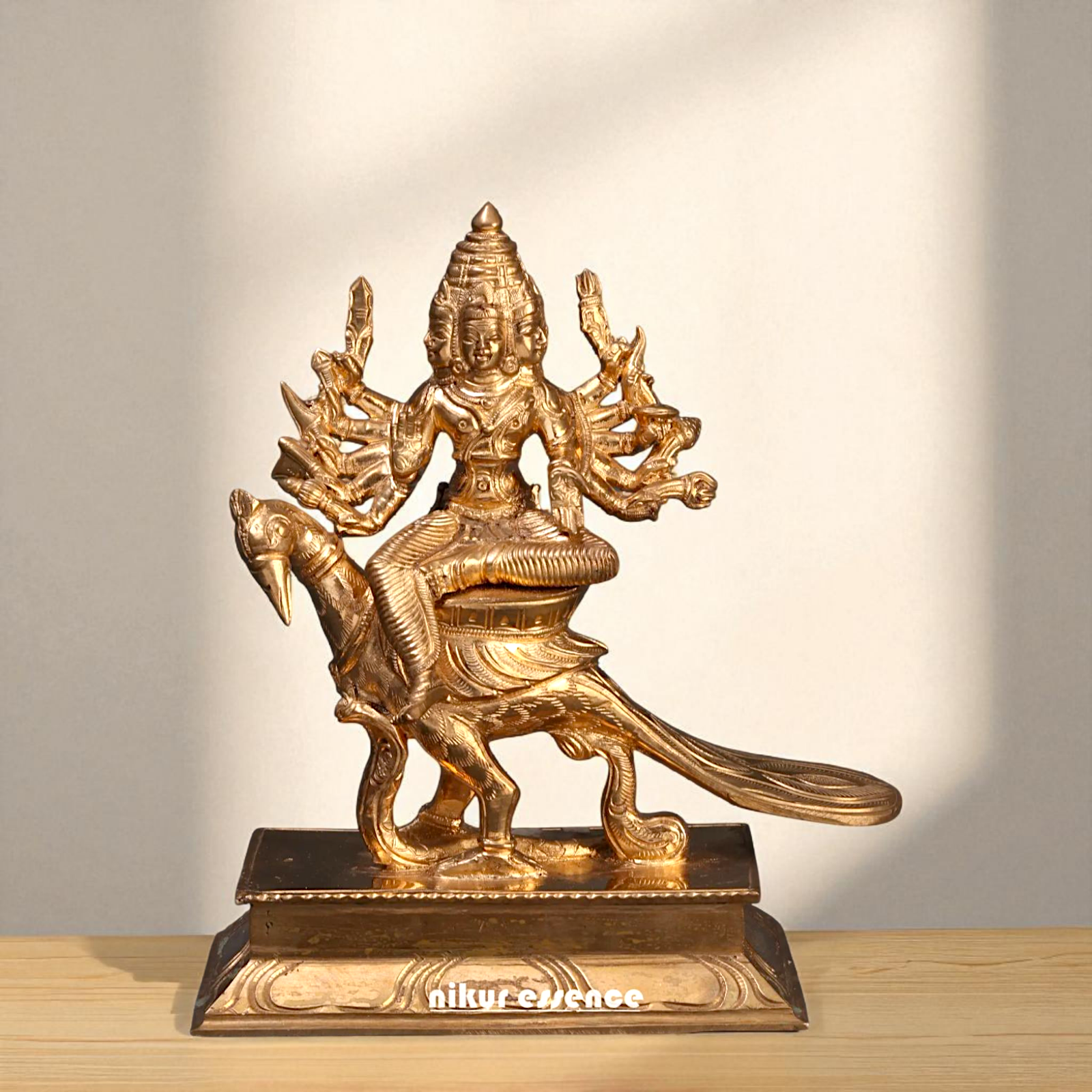 Lord Kartikeya Bhagwan seated on peacock with Blessing Bronze Panchaloha idol - 7 Inches Nikuressence
