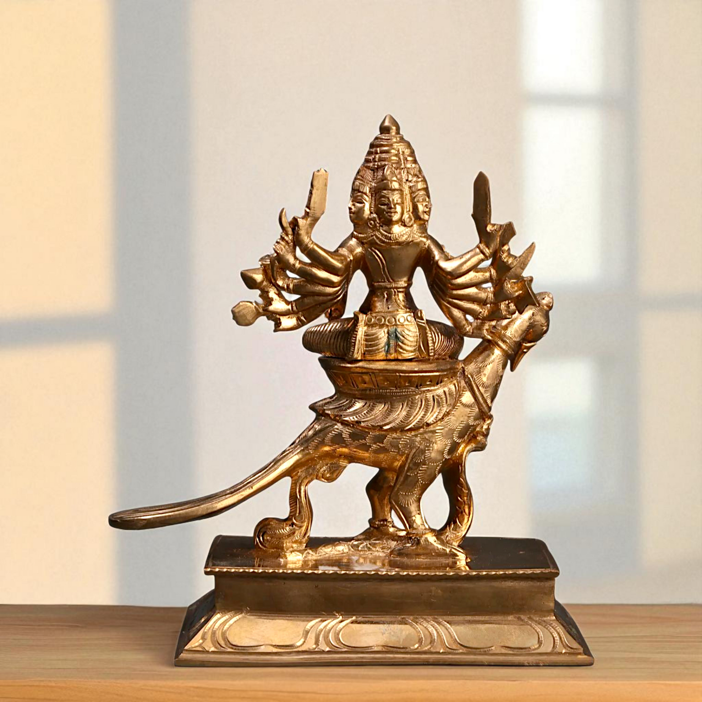 Lord Kartikeya Bhagwan seated on peacock with Blessing Bronze Panchaloha idol - 7 Inches Nikuressence