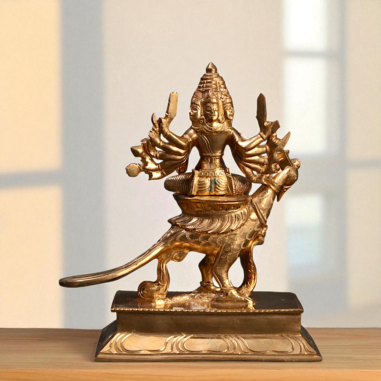 Lord Kartikeya Bhagwan seated on peacock with Blessing Bronze Panchaloha idol - 7 Inches Nikuressence
