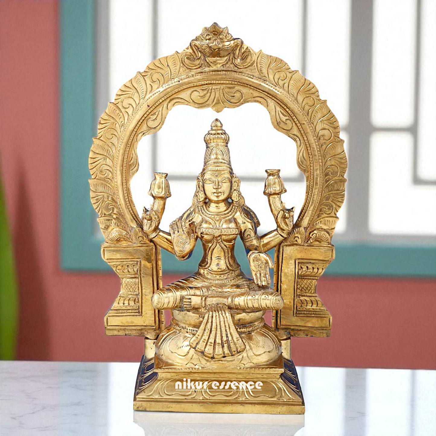 Dhan Lakshmi seated on kirtimukha throne with Blessing Bronze Panchaloha idol - 1 Feet Nikuressence