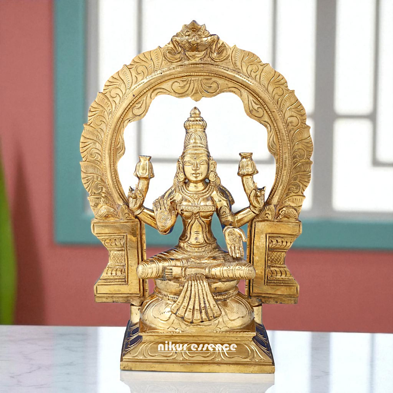 Dhan Lakshmi seated on kirtimukha throne with Blessing Bronze Panchaloha idol - 1 Feet Nikuressence
