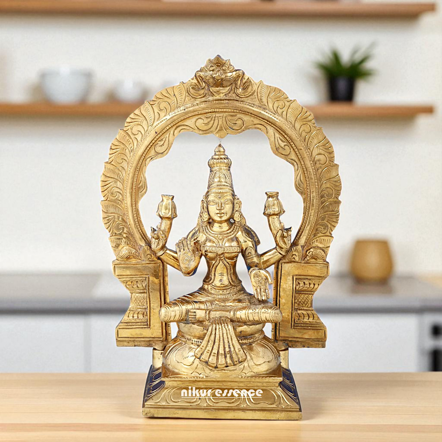 Dhan Lakshmi seated on kirtimukha throne with Blessing Bronze Panchaloha idol - 1 Feet Nikuressence