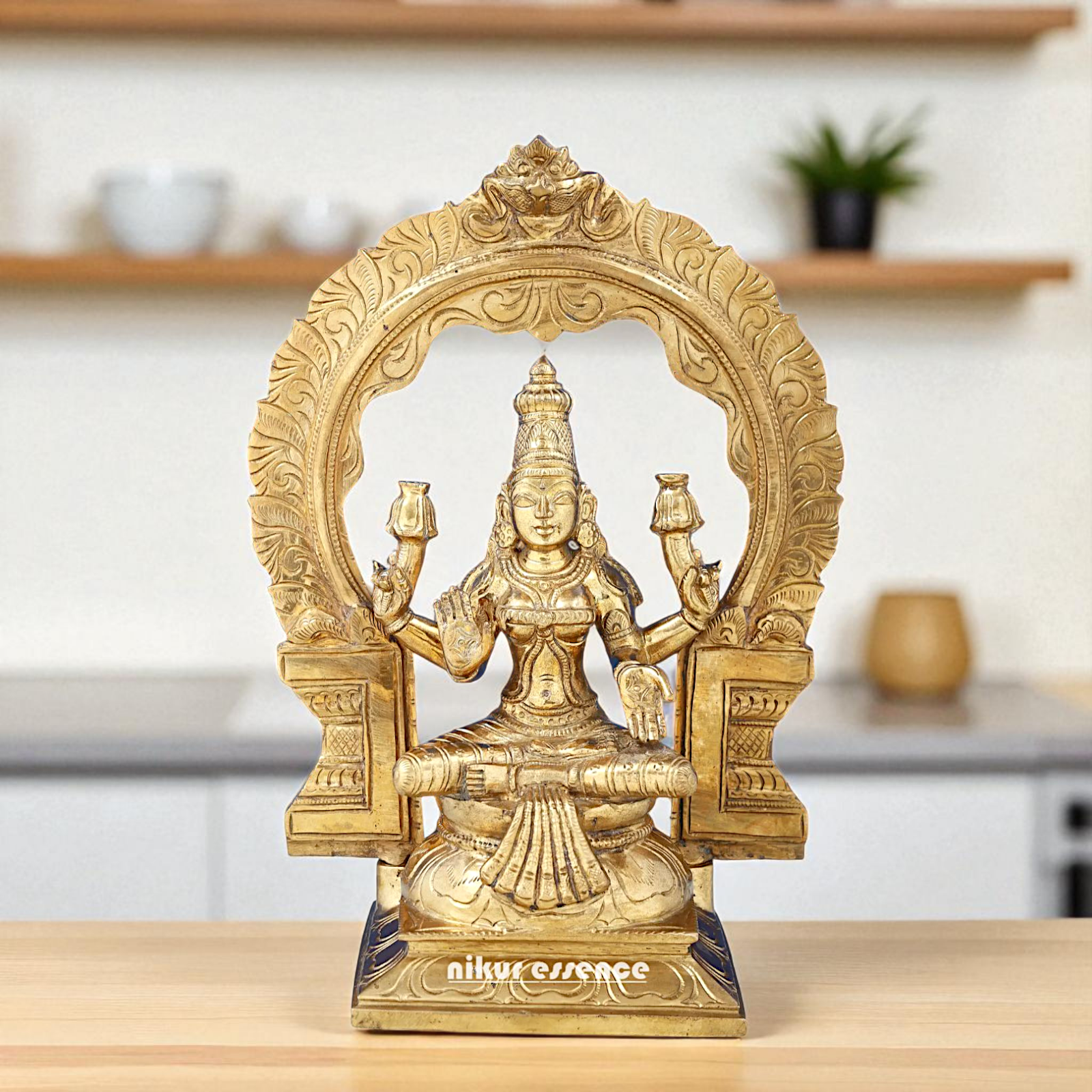 Dhan Lakshmi seated on kirtimukha throne with Blessing Bronze Panchaloha idol - 1 Feet Nikuressence