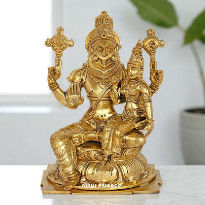 Narasimha Vishnu Bhagwan with Lakshmi seated Blessing Bronze Panchaloha idol - 9 Inches Nikuressence