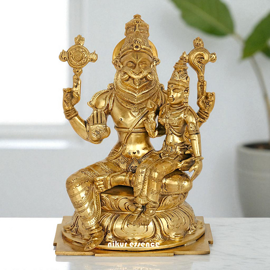 Narasimha Vishnu Bhagwan with Lakshmi seated Blessing Bronze Panchaloha idol - 9 Inches Nikuressence