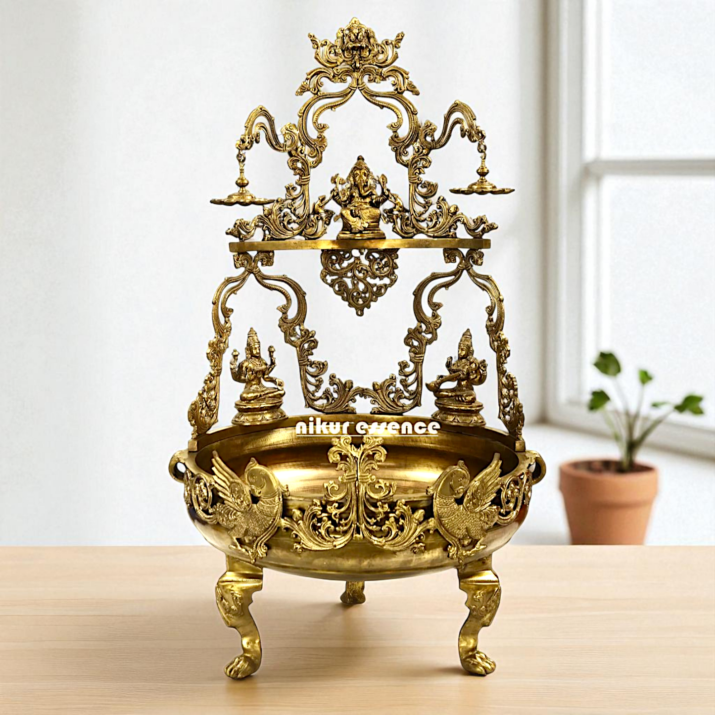 Ganesha with Lakshmi Maa Saraswati Maa Bronze Panchaloha Urli with Diya oil lamps - 46 Inches Nikuressence