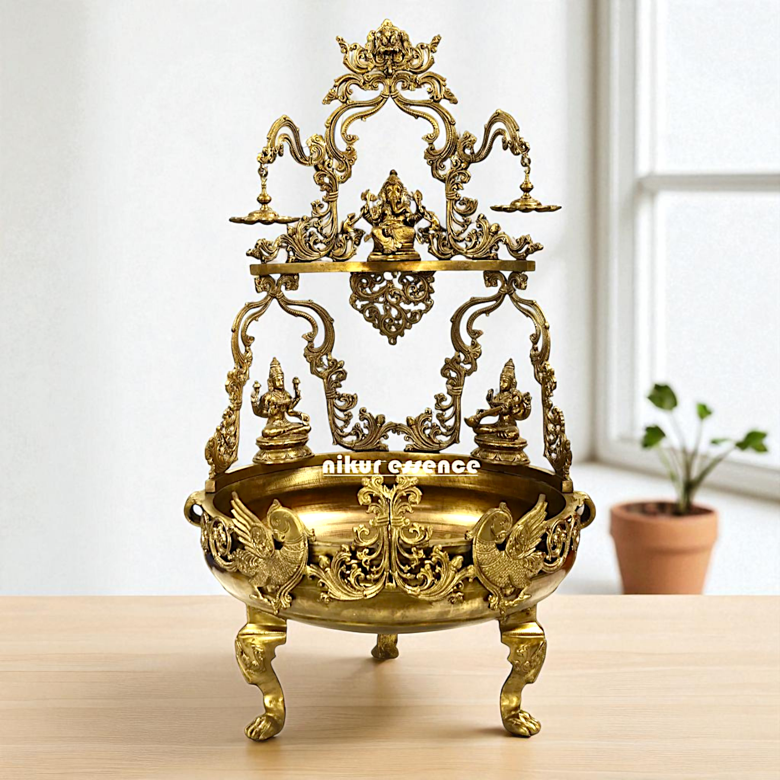 Ganesha with Lakshmi Maa Saraswati Maa Bronze Panchaloha Urli with Diya oil lamps - 46 Inches Nikuressence