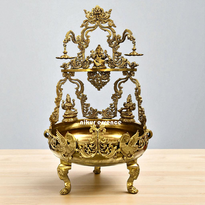 Ganesha with Lakshmi Maa Saraswati Maa Bronze Panchaloha Urli with Diya oil lamps - 46 Inches Nikuressence